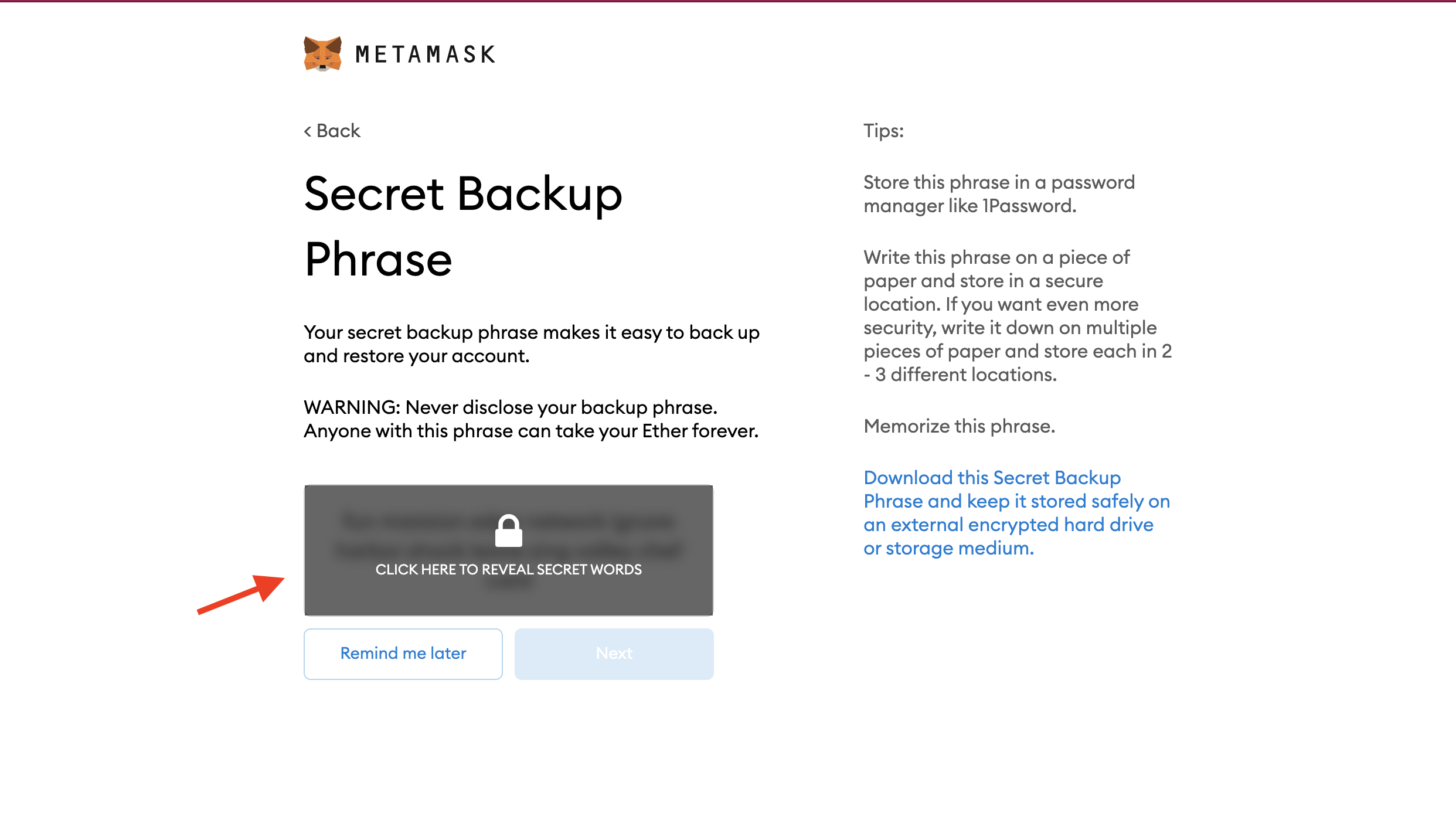 Store backup seed phrase