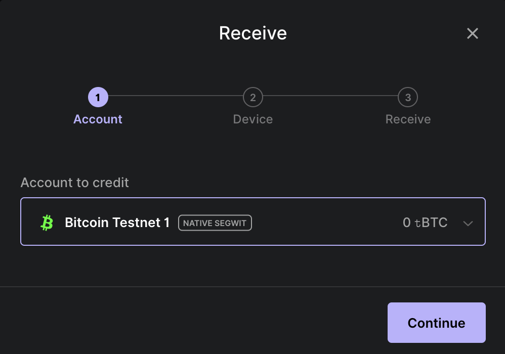 Receive Tab - Select Bitcoin Testnet