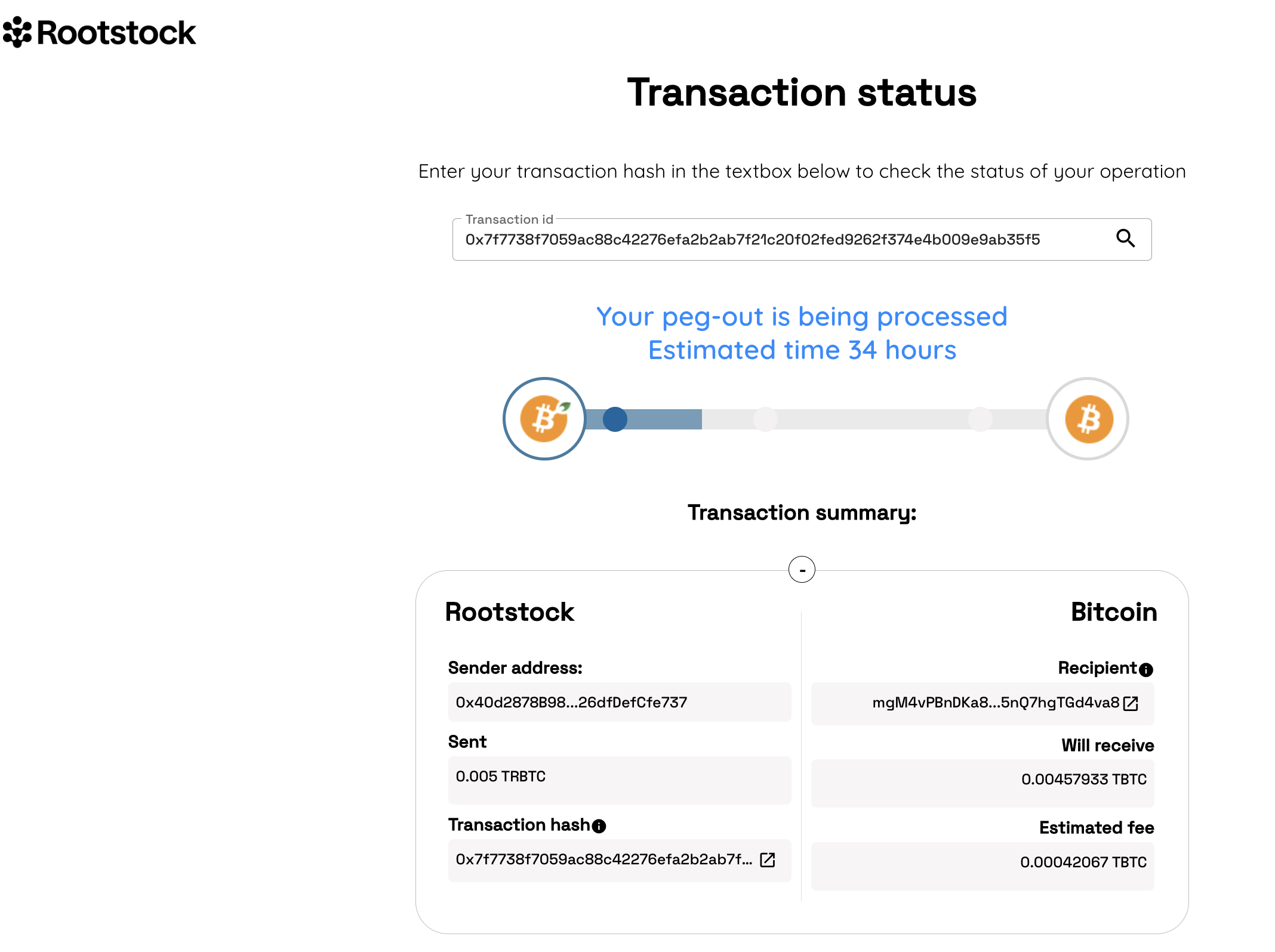Transaction status for pegout id
