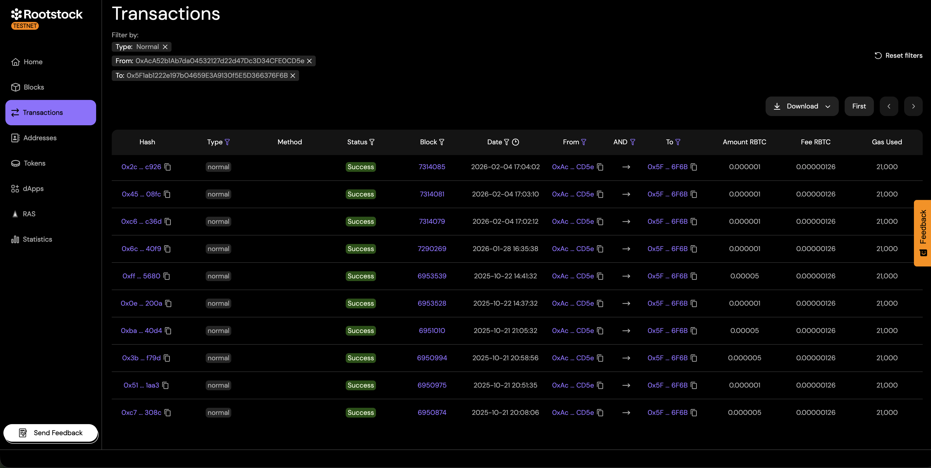 Advanced Transactions Filter: Normal with addresses